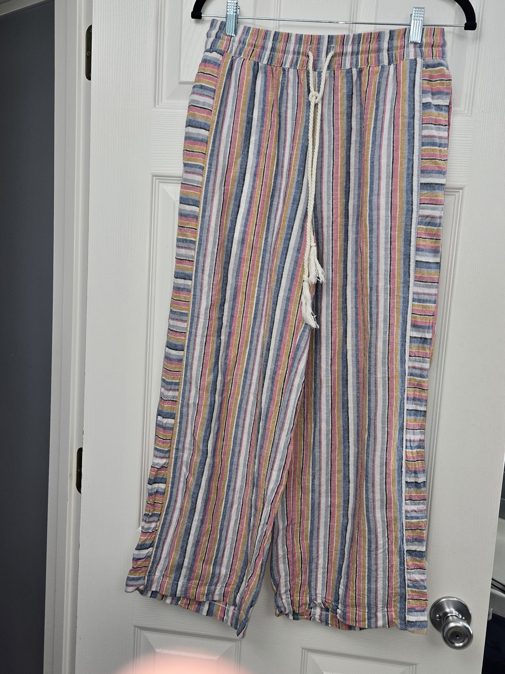 Seven 7 Striped Wide-Leg Drawstring Linen Blend Pants - Multicolor Small